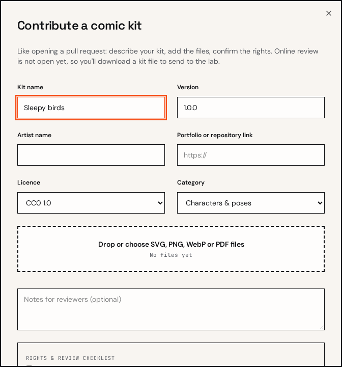 The Contribute a comic kit form